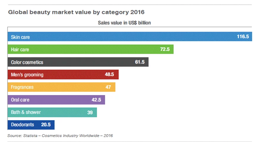 Graf č. 1 – Podíl jednotlivých subkategorií na celkovém obratu kosmetického trhu, zdroj: Statista. 